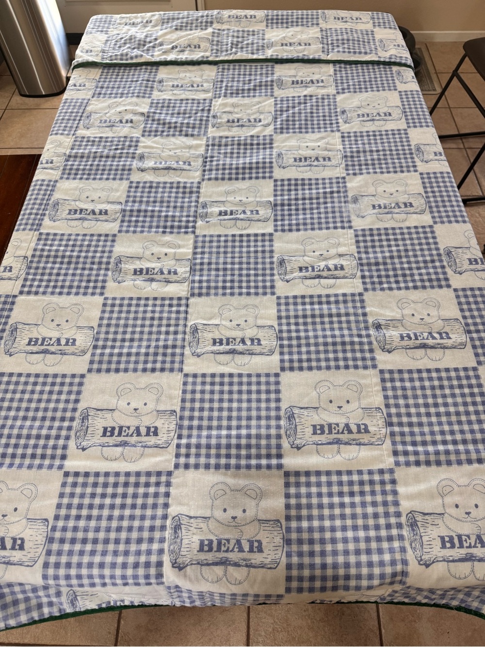 Vintage Teddy Bear Twin Comforter Blue Gingham Green Piping 60x72 Cottagecore